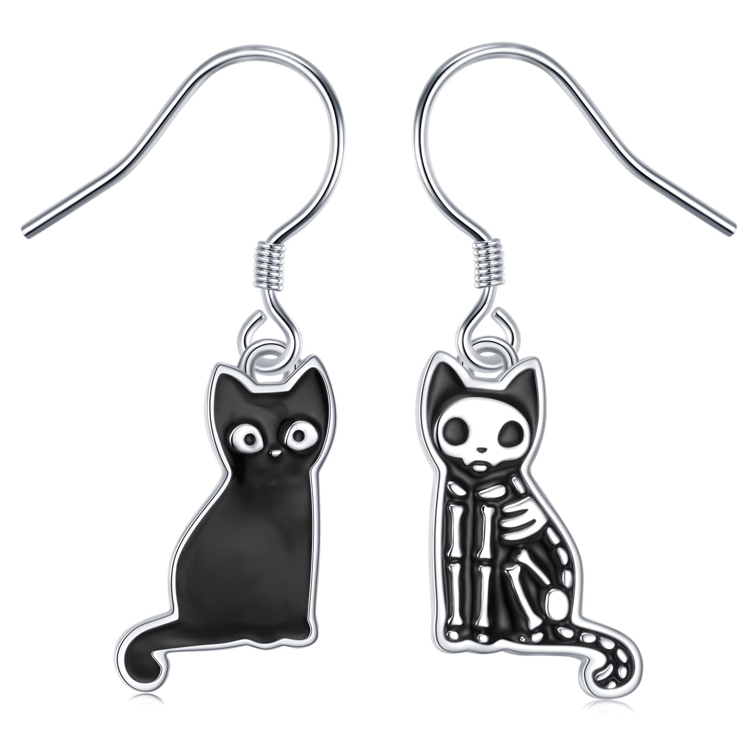 Cute Black Cat Earrings 925 Sterling Silver Halloween Black Cat Skeleton Cat Drop Dangle Earrings Halloween Jewelry for Women