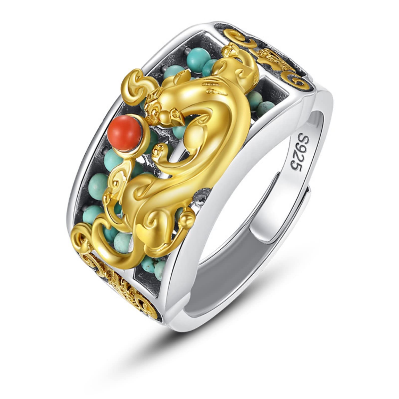 poceton Fortune PiXiu Abacus Ring,Adjustable feng shui Pixiu abacus ring is made of 925 silver and inlaid with metal,The wealth Jewelry for Men and Women