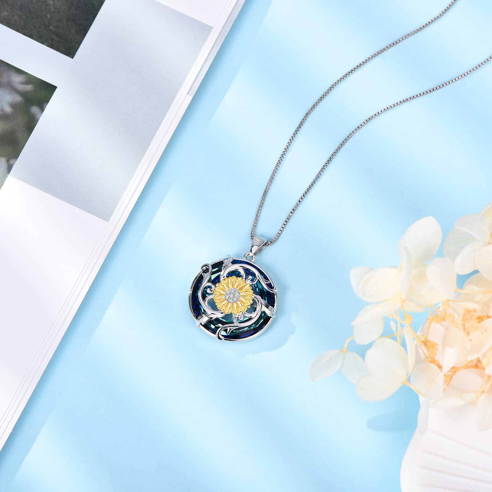 HOTIE Sunflower Necklaces for Women 925 Sterling Silver Butterfly Birth Flower Necklace with Blue Crystal Pendant Necklace, Birthday Anniversary Jewelry Gifts For Women Wife Girls