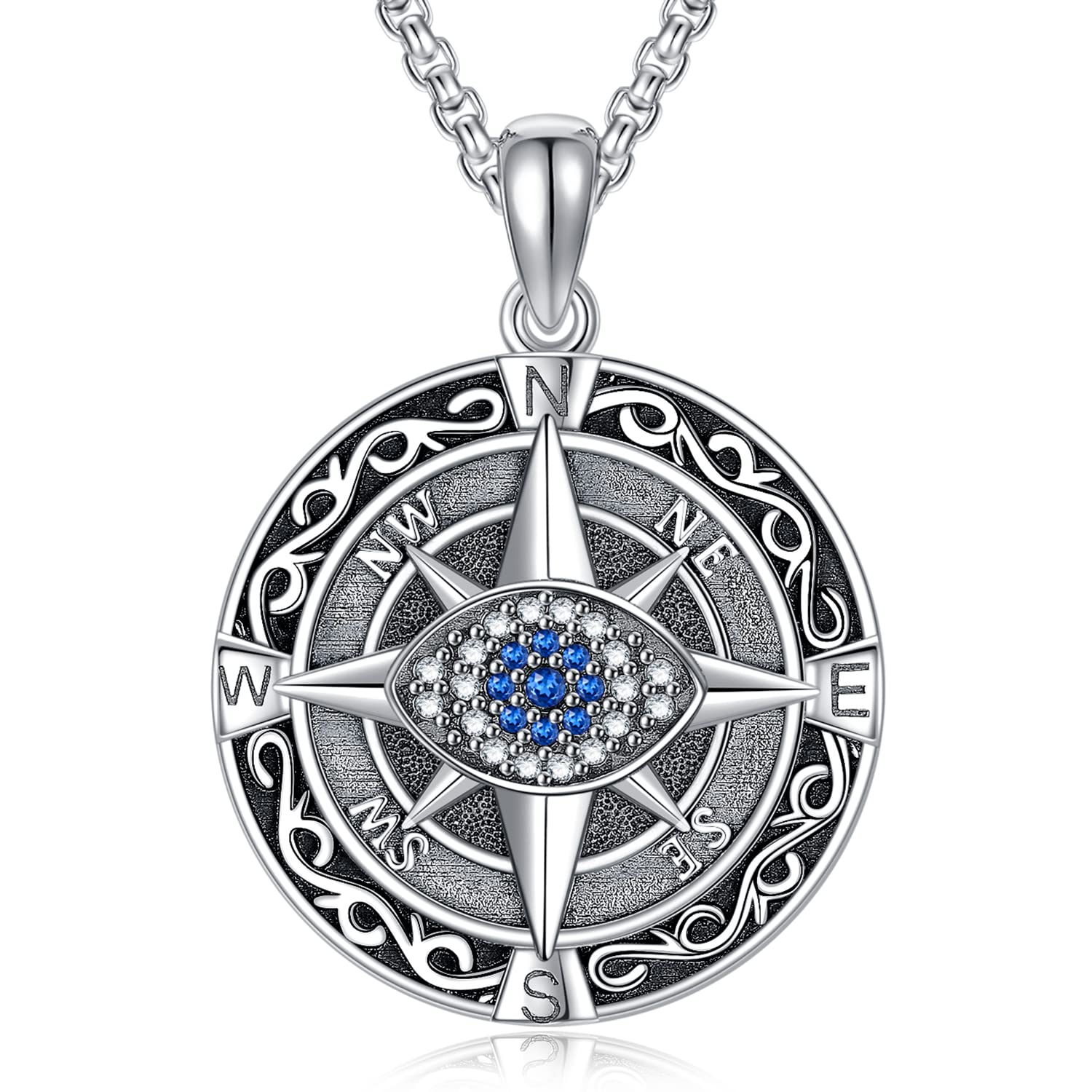 Midir&Etain Evil Eye Necklace S925 Sterling Silver Compass Necklace Life Compass Travel Pendant Evil Eye Amulet Inspirational Graduation Gift Jewelry Men Women