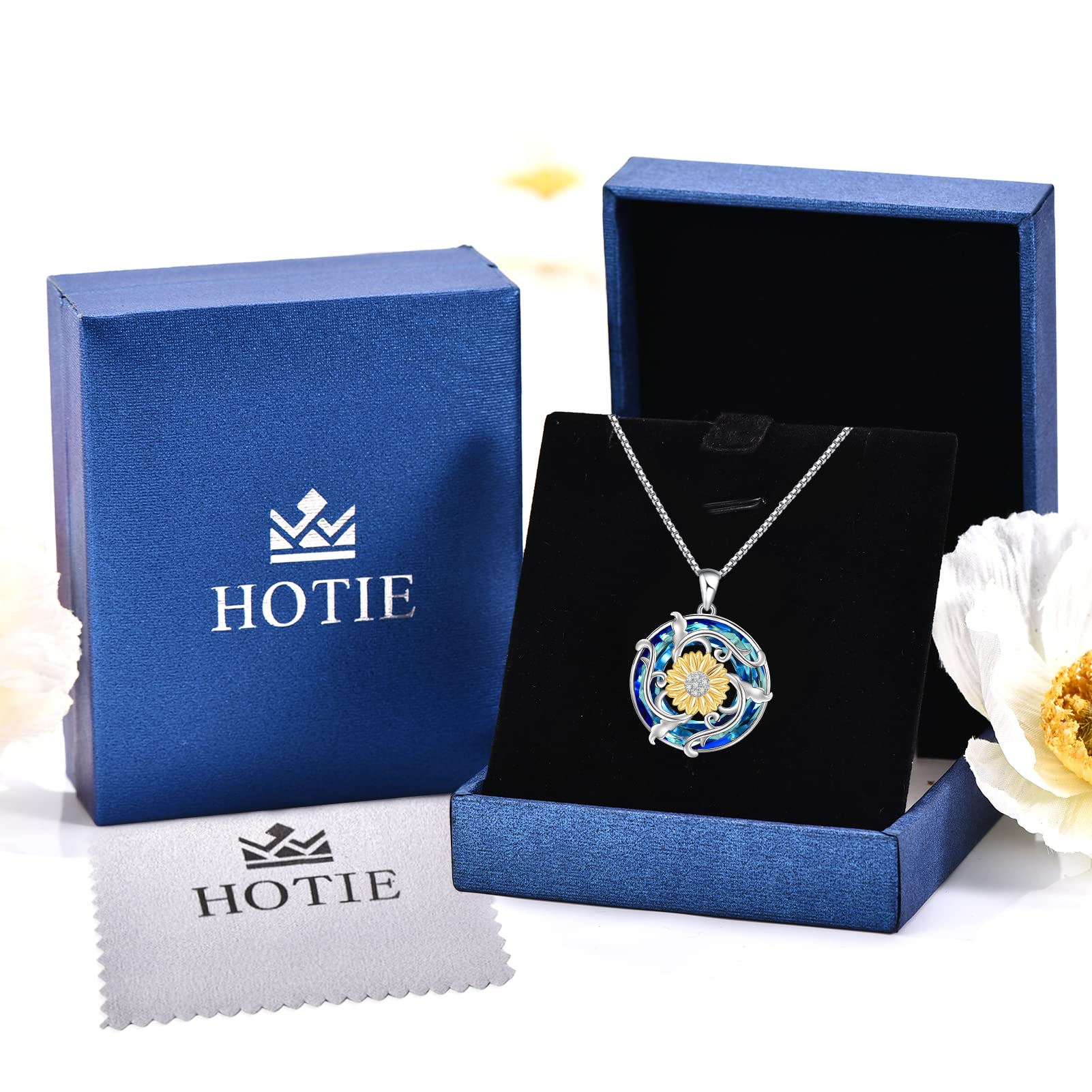 HOTIE Sunflower Necklaces for Women 925 Sterling Silver Butterfly Birth Flower Necklace with Blue Crystal Pendant Necklace, Birthday Anniversary Jewelry Gifts For Women Wife Girls