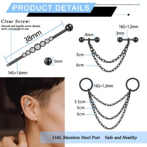 Longbeauty 14G Industrial Barbell Earrings with Chain Surgical Steel Dangle Industrial Bar Piercing Jewelry Cartilage Helix Industrial Earrings for Women Men