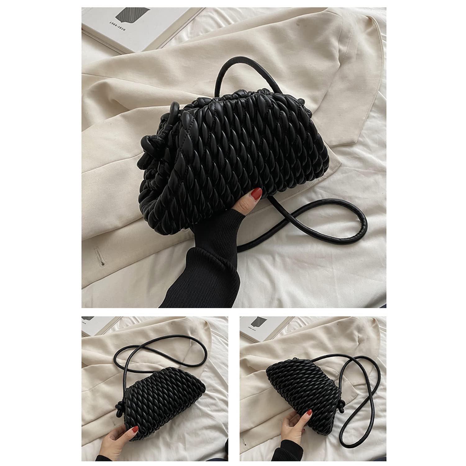 ELDA Dumpling Bag for Women Quilted Clutch Handbag Cloud Purse Fashion Ruched Bag Handmade Leather Hobo Bag