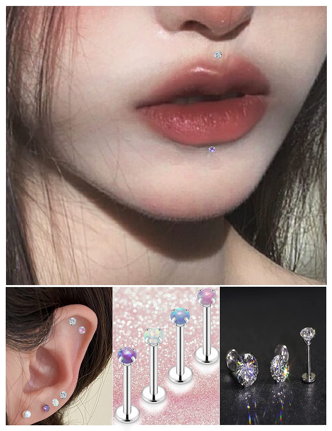 Kridzisw 18G Threadless Push in Nose Ring Stud Piercing Jewelry Women Stainless Surgical Steel Nose Lip Labret Monroe Medusa Ring Stud Cartilage Helix Tragus Conch Earring Piercing Jewelry Men Silver