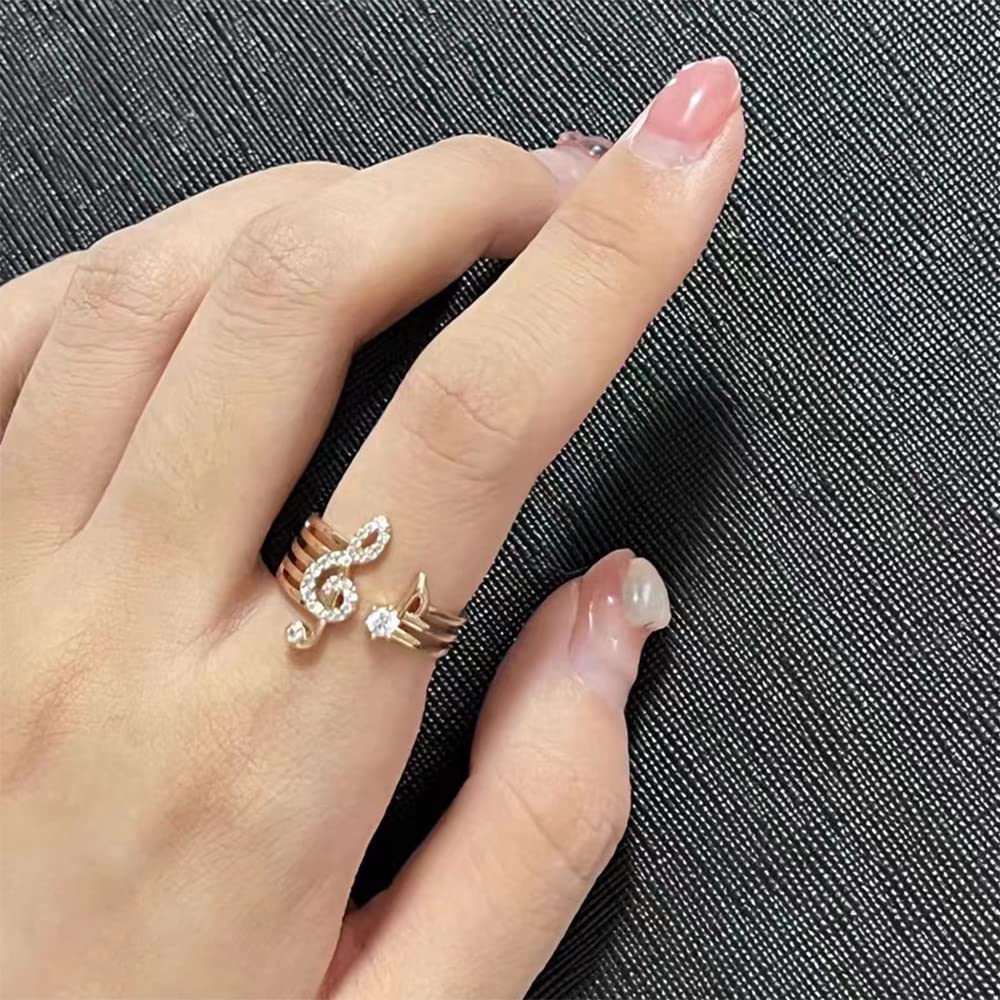 Musical Note Cubic Zirconia Open Rings Dainty Staff Treble Clef Statement 18K Gold Plated for Women Engagement Wedding Adjustable Extendable Knuckle Middle Finger Band Birthstone Crystal Jewelry Gifts for Music Enthusiast Bff Sister (Gold)