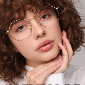 Gleyemor Blue Light Glasses for Women Men Vintage Octagonal Metal Gold Frame Computer Glasses (Gold)