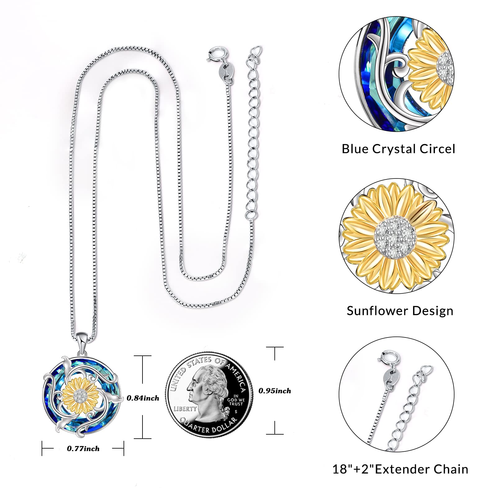 HOTIE Sunflower Necklaces for Women 925 Sterling Silver Butterfly Birth Flower Necklace with Blue Crystal Pendant Necklace, Birthday Anniversary Jewelry Gifts For Women Wife Girls