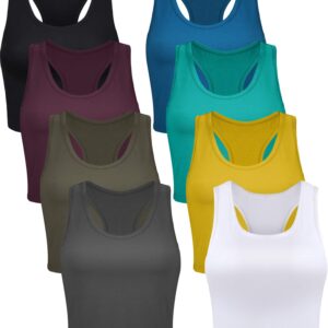 8 Pcs Women Basic Crop Tank Tops Sleeveless Racerback Crop Cotton Top (Black, White, Green, Yellow, Blue, Gray, Red, XL)