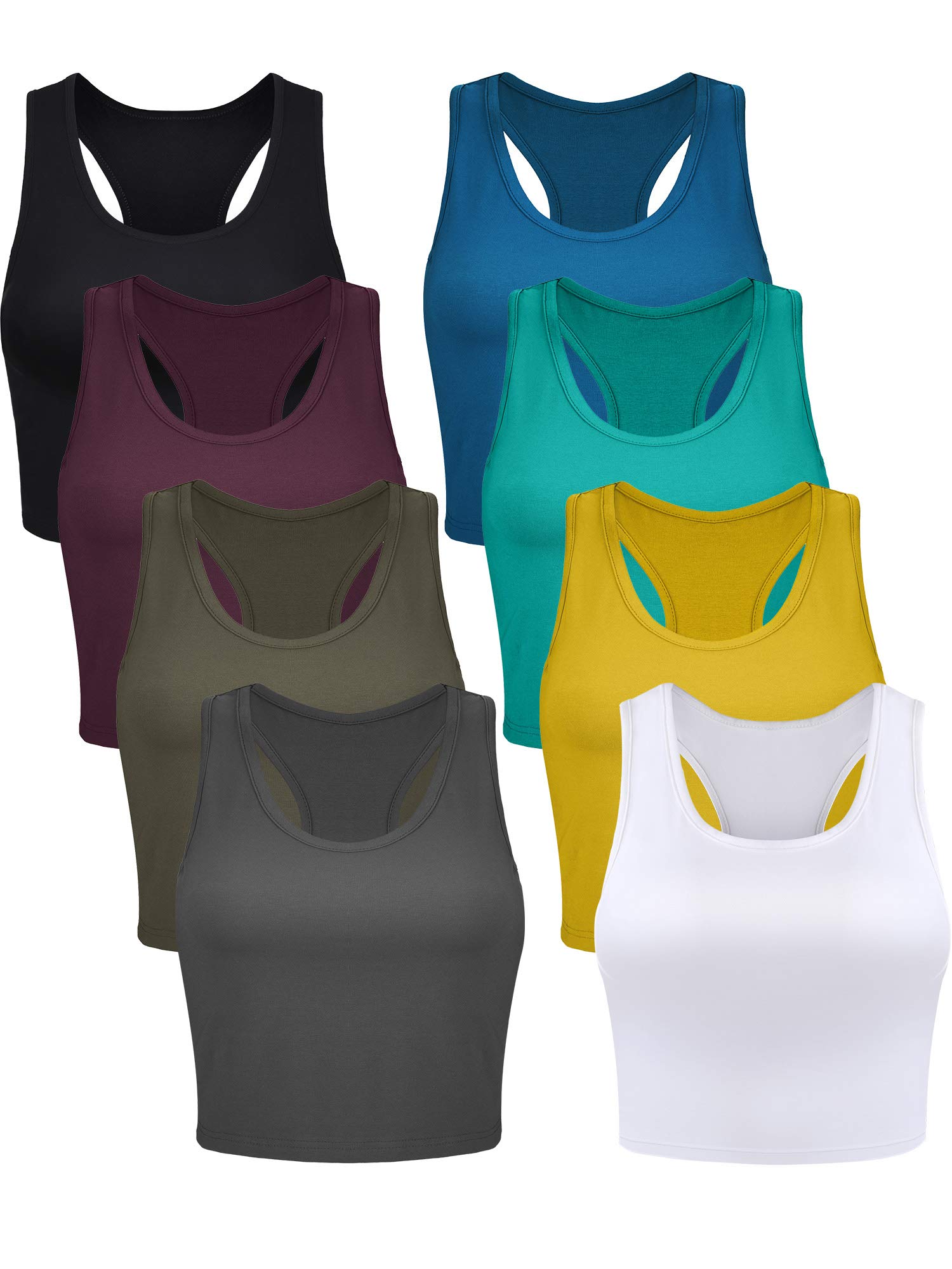 8 Pcs Women Basic Crop Tank Tops Sleeveless Racerback Crop Cotton Top (Black, White, Green, Yellow, Blue, Gray, Red, XL)