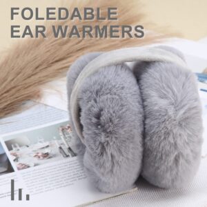 SAVITA Winter Ear Warmers, Cute Furry Winter Ear Muffs Warm Foldable Ear Covers for Cold Weather Outdoor Winter Women Girls (Grey)