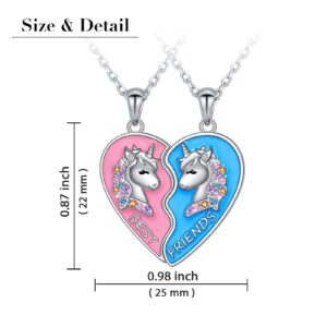 JZMSJF S925 Sterling Silver Best Friends Necklaces for 2 Unicorn BFF Friendship Matching Heart Set Jewelry Birthday Gifts