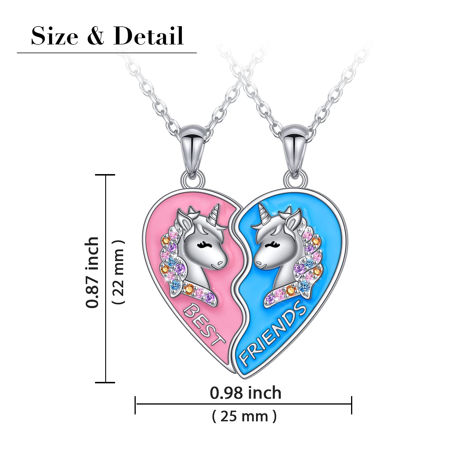 JZMSJF S925 Sterling Silver Best Friends Necklaces for 2 Unicorn BFF Friendship Matching Heart Set Jewelry Birthday Gifts