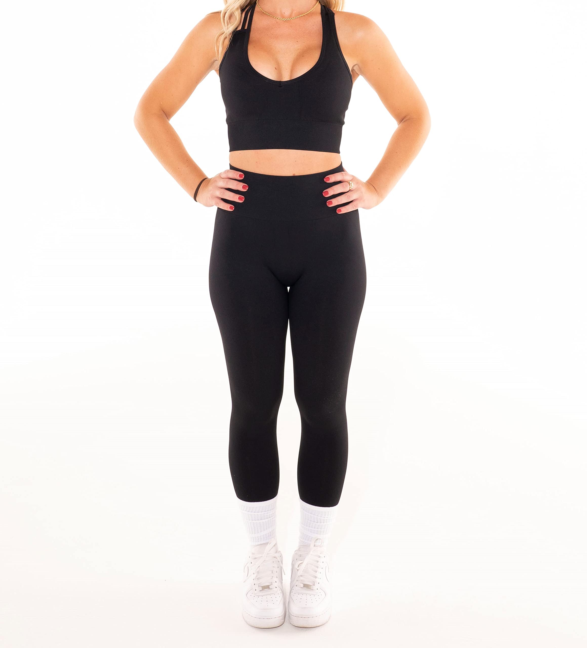 Women Active Set Yoga Sports Bra and High Waisted Scrunch Leggings Butt Lifting (Black, L)