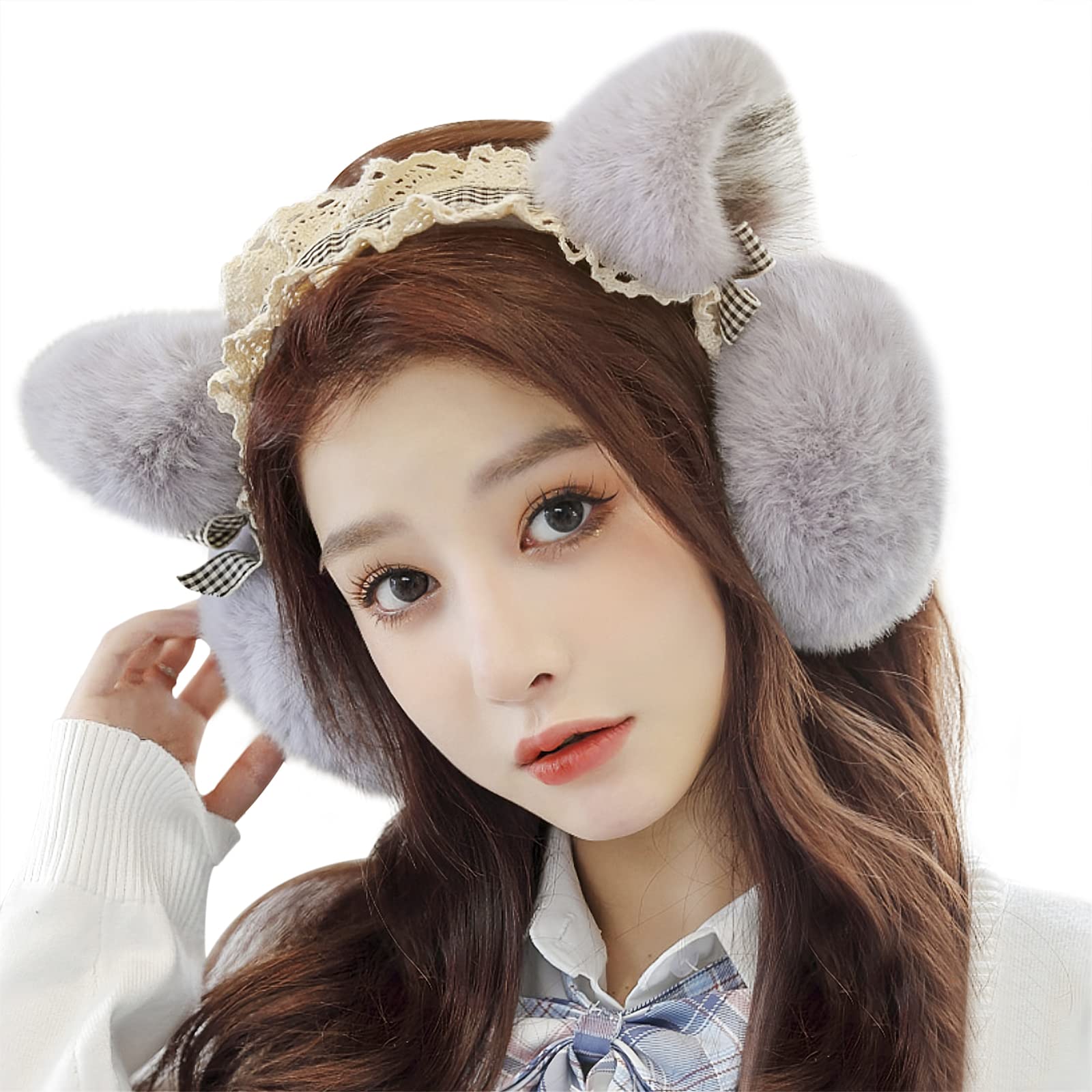 Lolita Winter Ear Muffs for Women Girls Cute Cat Ear Faux Fur Ear Warmer Outdoor Foldable Earmuff Party Costume Gift (Gray)