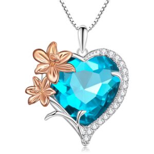 voroco heart shaped crystal birthstone necklace with birthday flowers，925 sterling silver pendant love necklace for women gifts