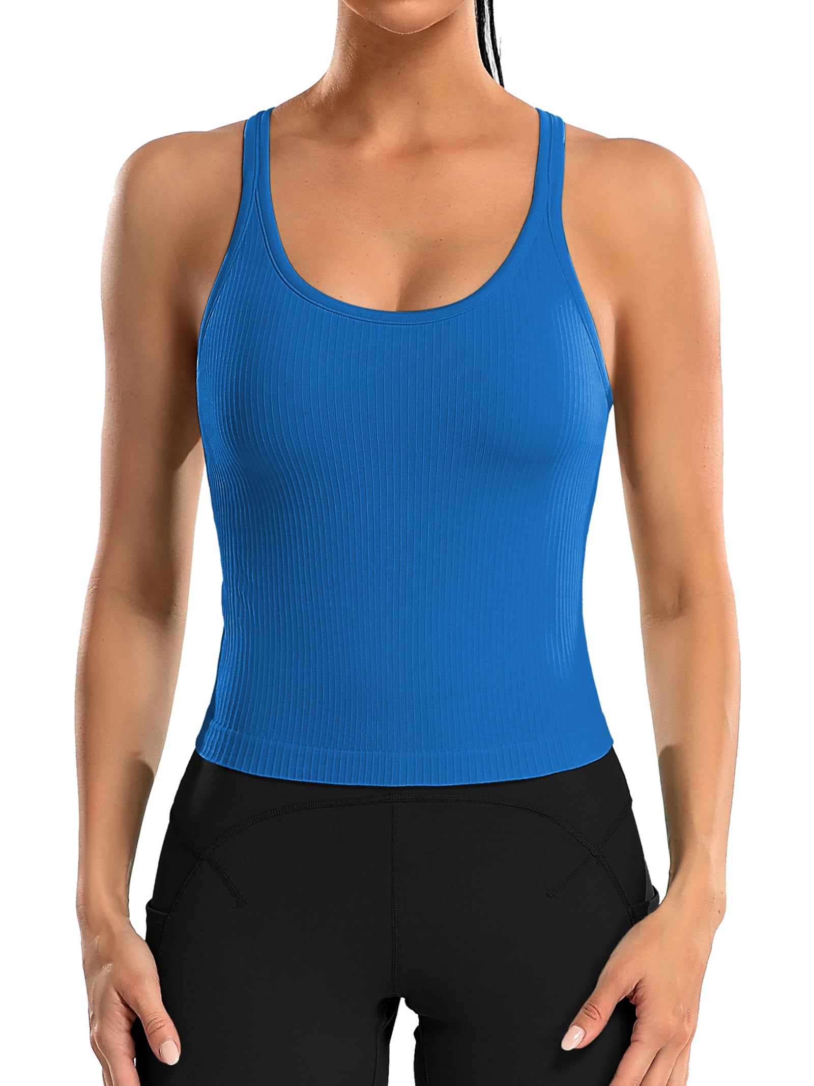 ATTRACO Workout Tops for Women with Built in Sports Bra Yoga Racerback Crop Top Blue S