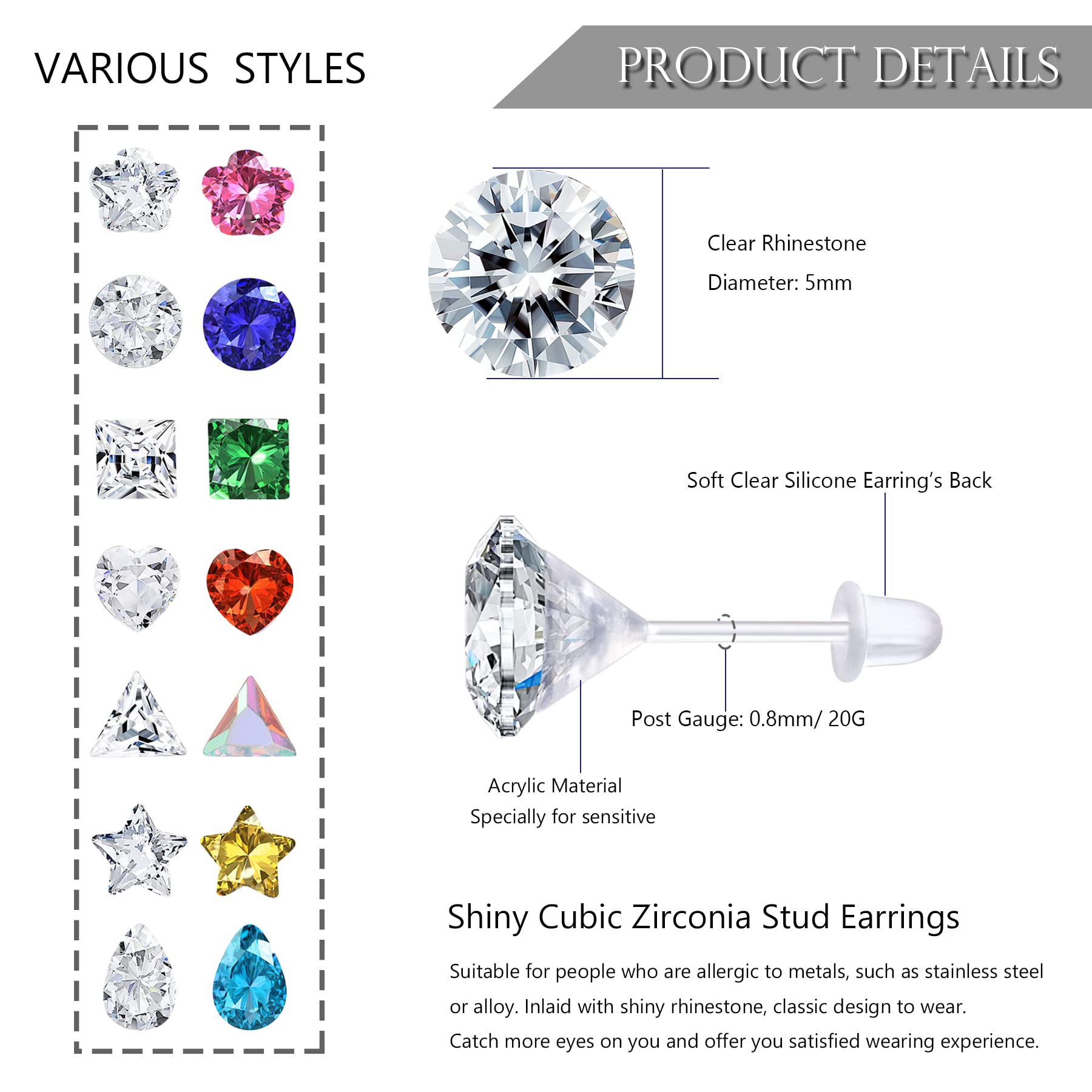 GIFIKOI 14Pairs Clear Plastic CZ Studs Earrings for Women Colorful Acrylic Post Hypoallergenic Stud Earring Set CZ Rhinestone Ear Studs Piercing Retainers