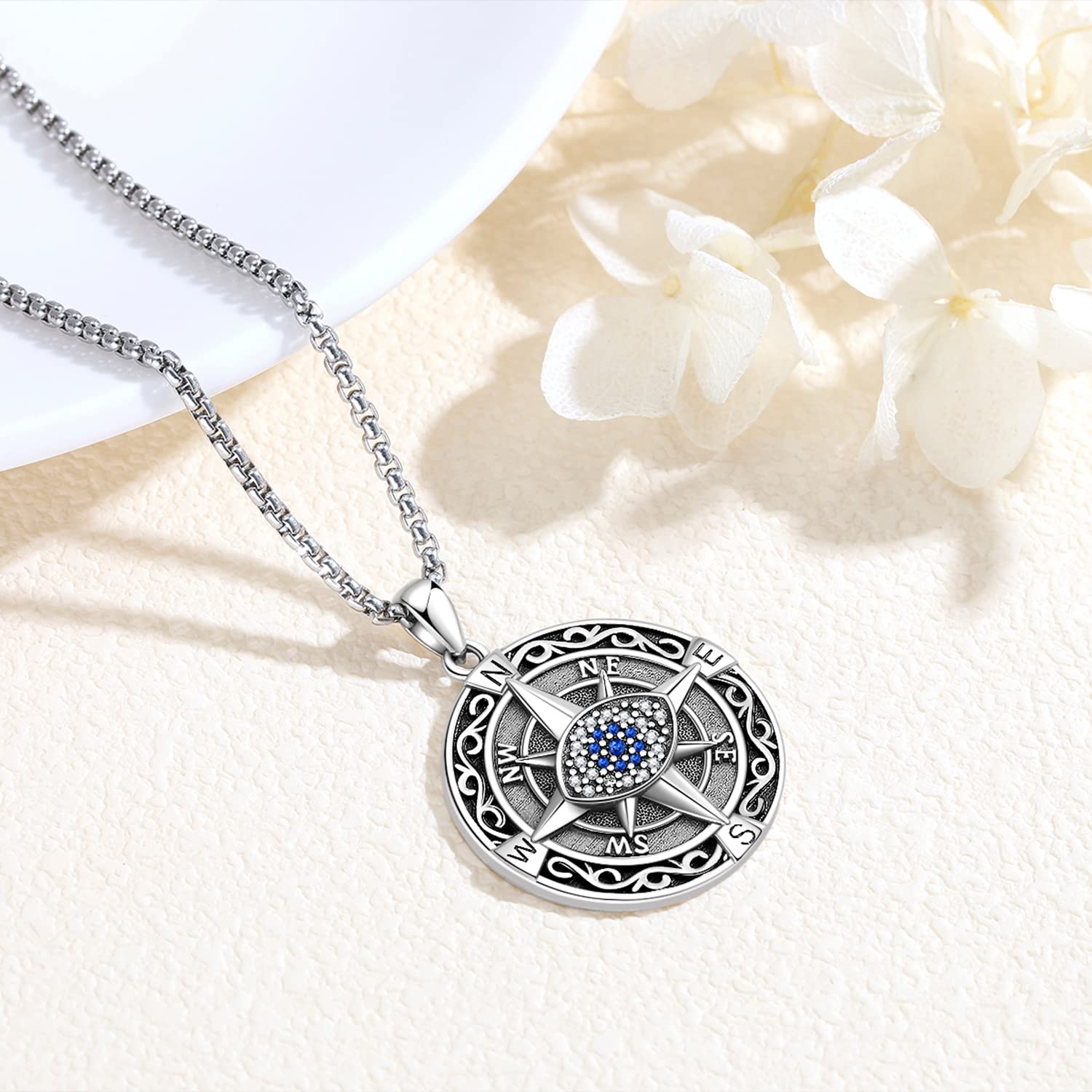 Midir&Etain Evil Eye Necklace S925 Sterling Silver Compass Necklace Life Compass Travel Pendant Evil Eye Amulet Inspirational Graduation Gift Jewelry Men Women