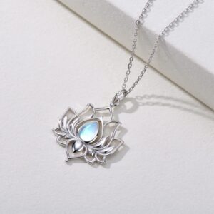 Moonstone Lotus Necklaces for Women,925 Sterling Silver Lotus Pendant Necklace with Rainbow Moonstone, Sterling Silver, Moonstone