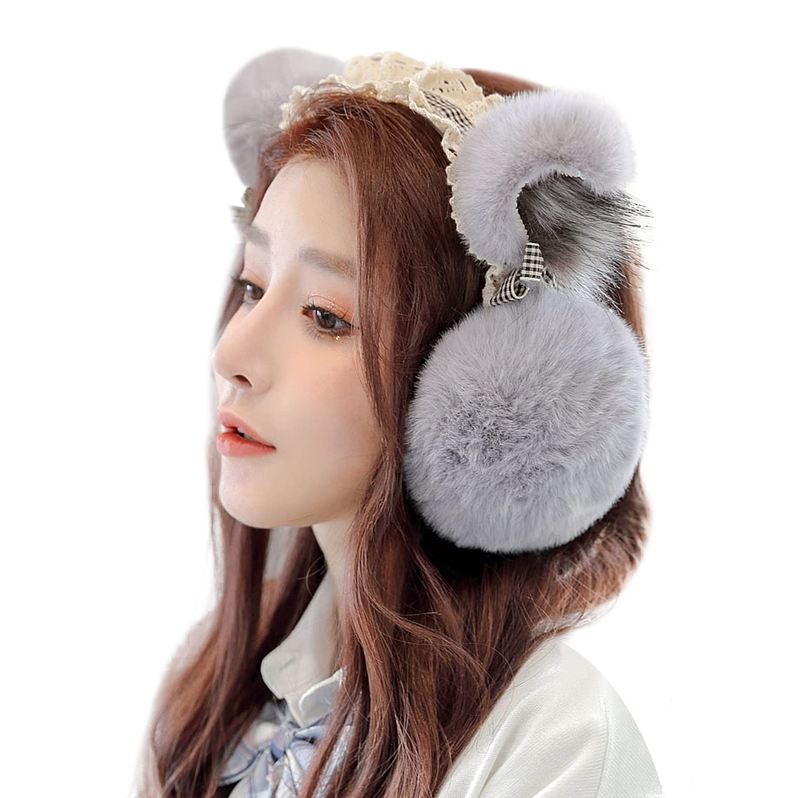 Lolita Winter Ear Muffs for Women Girls Cute Cat Ear Faux Fur Ear Warmer Outdoor Foldable Earmuff Party Costume Gift (Gray)