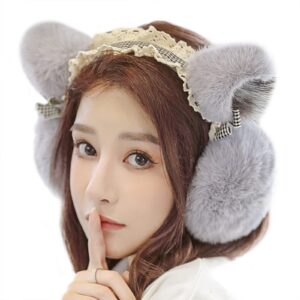 lolita winter ear muffs for women girls cute cat ear faux fur ear warmer outdoor foldable earmuff party costume gift (gray)