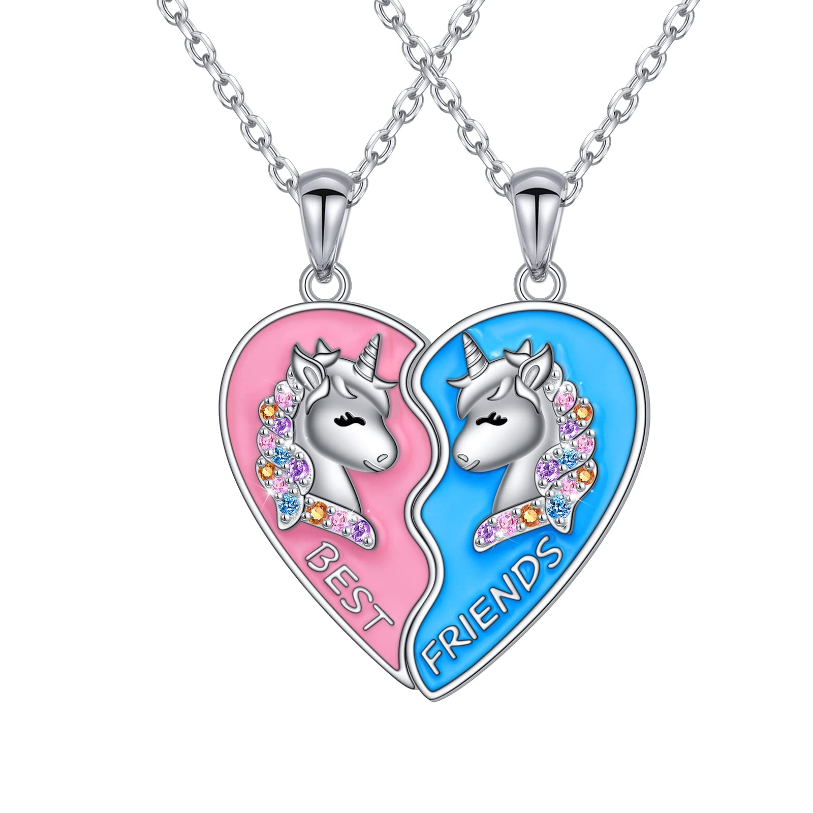 JZMSJF S925 Sterling Silver Best Friends Necklaces for 2 Unicorn BFF Friendship Matching Heart Set Jewelry Birthday Gifts