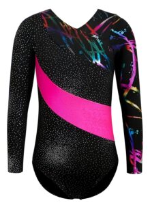 hoziy girls gymnastics leotards size 6-7 with sleeves long sleeve 7-8 year old black kids little girl pink unitard tumbling outfits dance clothes clothing bodysuits