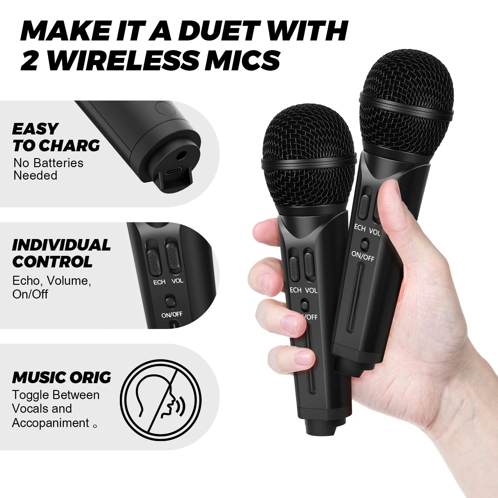 Karaoke Machine with 2 Wireless Microphones for Kids and Adults, Portable Bluetooth Karaoke Machine, PA Speaker System for Home Party, Outdoor Party, Meeting, Wedding