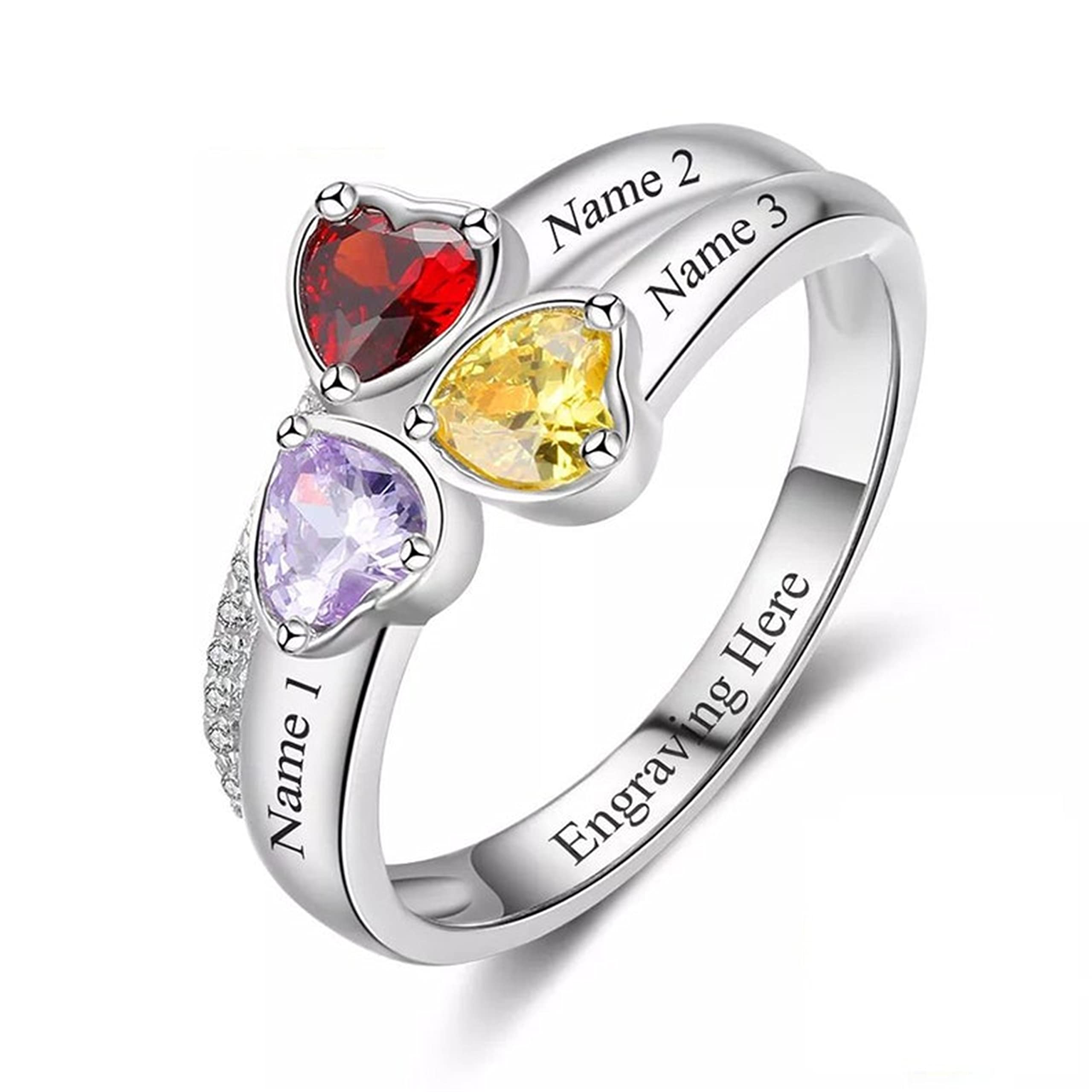 YOOSHINING Personalized Mothers Ring 925 Sterling Silver Rings Mothers Ring with 3 Birthstones Custom Birthstone Rings for Mothers Women Heart Ring for Birthday Wedding Anniversary Mothers Day Gifts