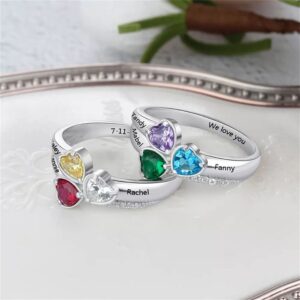 YOOSHINING Personalized Mothers Ring 925 Sterling Silver Rings Mothers Ring with 3 Birthstones Custom Birthstone Rings for Mothers Women Heart Ring for Birthday Wedding Anniversary Mothers Day Gifts