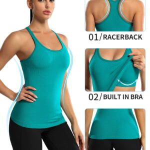 ATTRACO Women Ribbed Workout Tank with Built in Bra Slim Fit Sleeveless Yoga Tops Blue