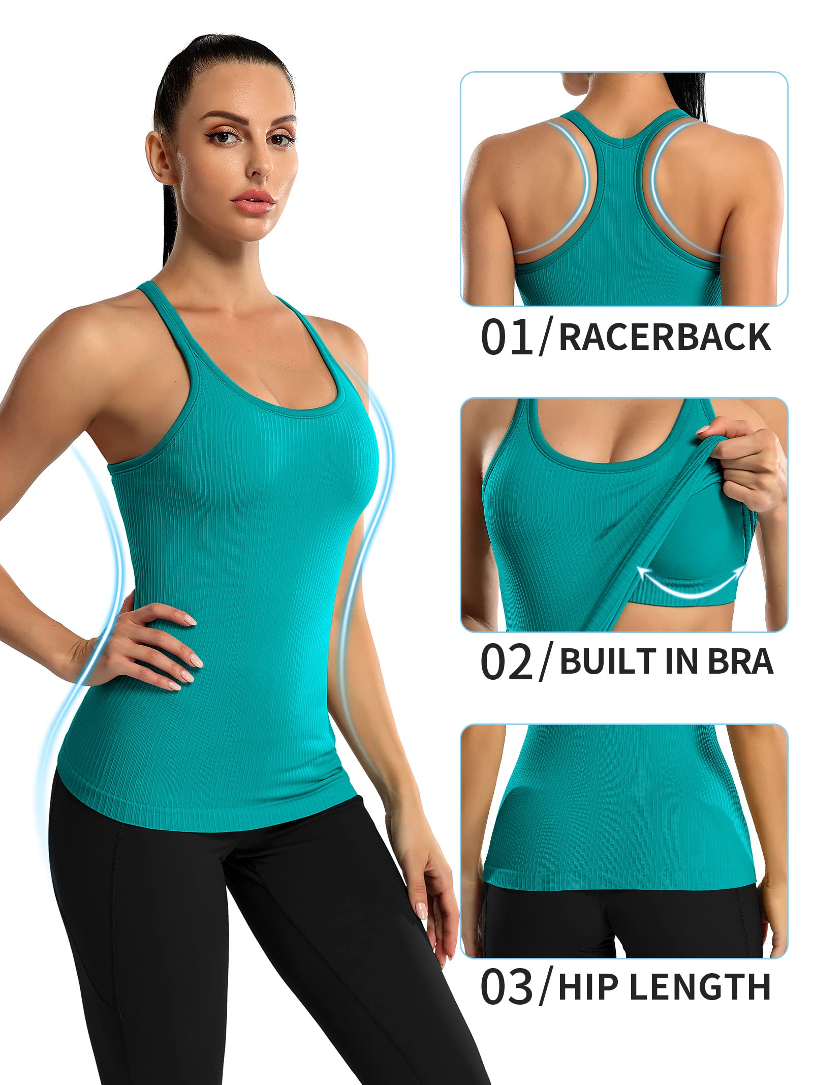 ATTRACO Women Ribbed Workout Tank with Built in Bra Slim Fit Sleeveless Yoga Tops Blue