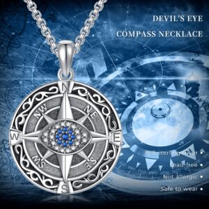 Midir&Etain Evil Eye Necklace S925 Sterling Silver Compass Necklace Life Compass Travel Pendant Evil Eye Amulet Inspirational Graduation Gift Jewelry Men Women