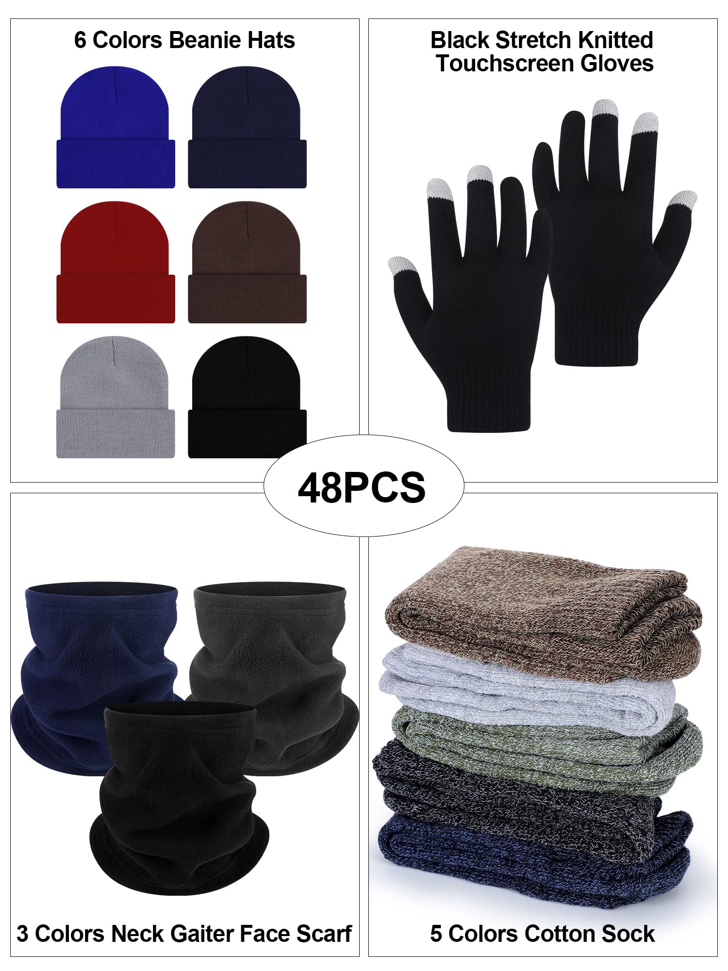 48 Pack Winter Warm Beanie Hat Neck Warmer Set for Men Women Knitted Hat with Winter Touchscreen Gloves Neck Gaiter Warm Sock for Winter Wearing Homeless Care Charity Donation Multicolor