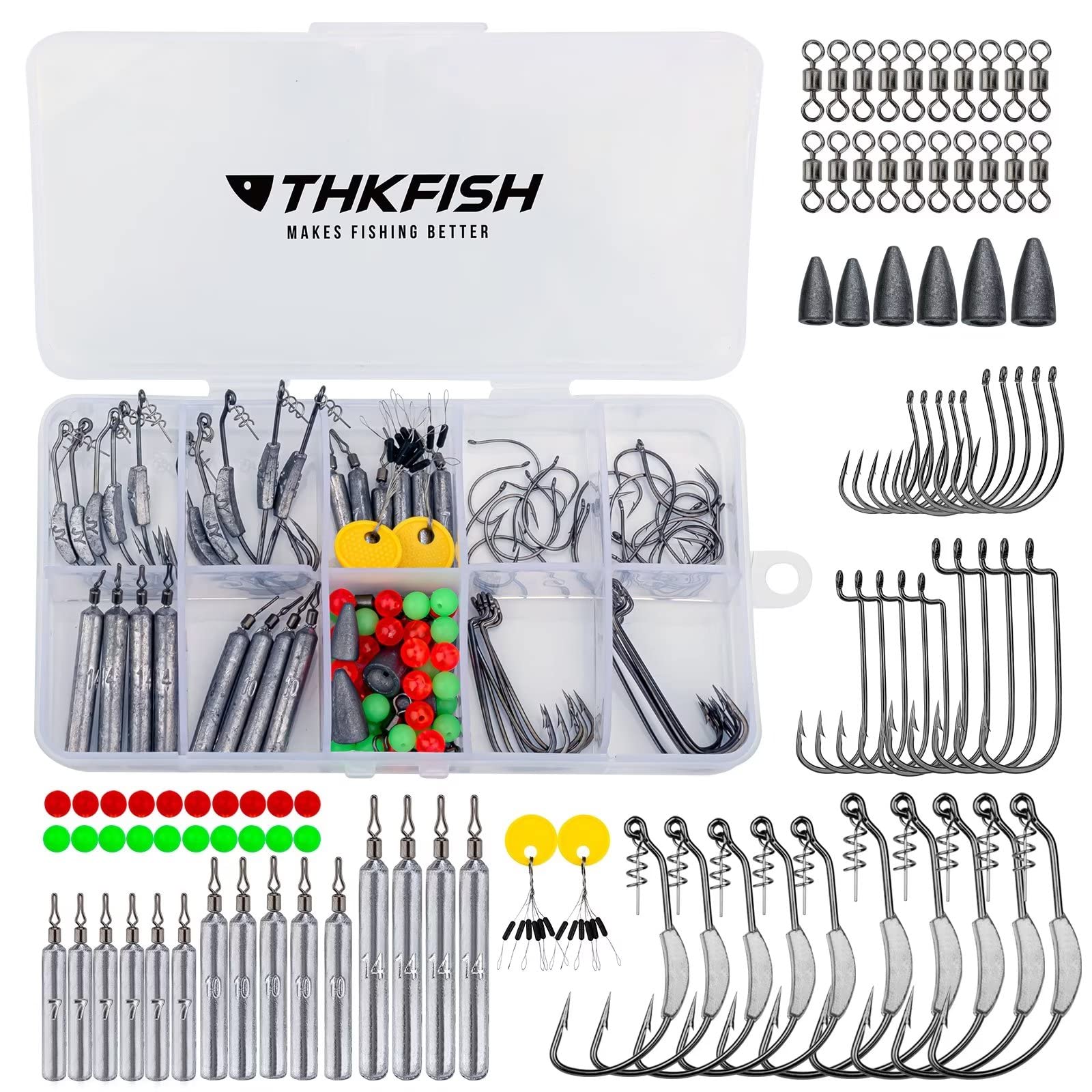 THKFISH Fishing Tackle Kit Drop Shot Weights Bullet sinkersDrop Shot Rig Texas Rig Carolina Rig Weighted Offset Hooks Wacky Hooks 123pcs