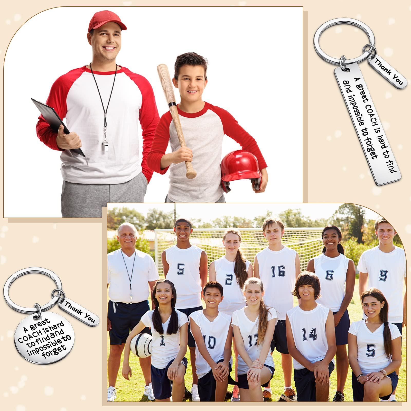 Yinkin 6 Pcs Keychain Coach Great Coach is Hard to Find Volleyball Basketball Soccer Football Coach Keychain Thank You Coach Gifts Keychain for Men Women, 2 Styles