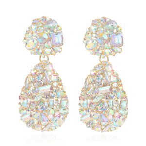 Met-edianger Met-edianger AB Rhinestone Statement Earrings White Teardrop Costume Earrings Iridescent Crystal Chandelier Drop Dangle Earrings for Women Wedding Bridal