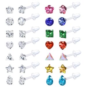 GIFIKOI 14Pairs Clear Plastic CZ Studs Earrings for Women Colorful Acrylic Post Hypoallergenic Stud Earring Set CZ Rhinestone Ear Studs Piercing Retainers