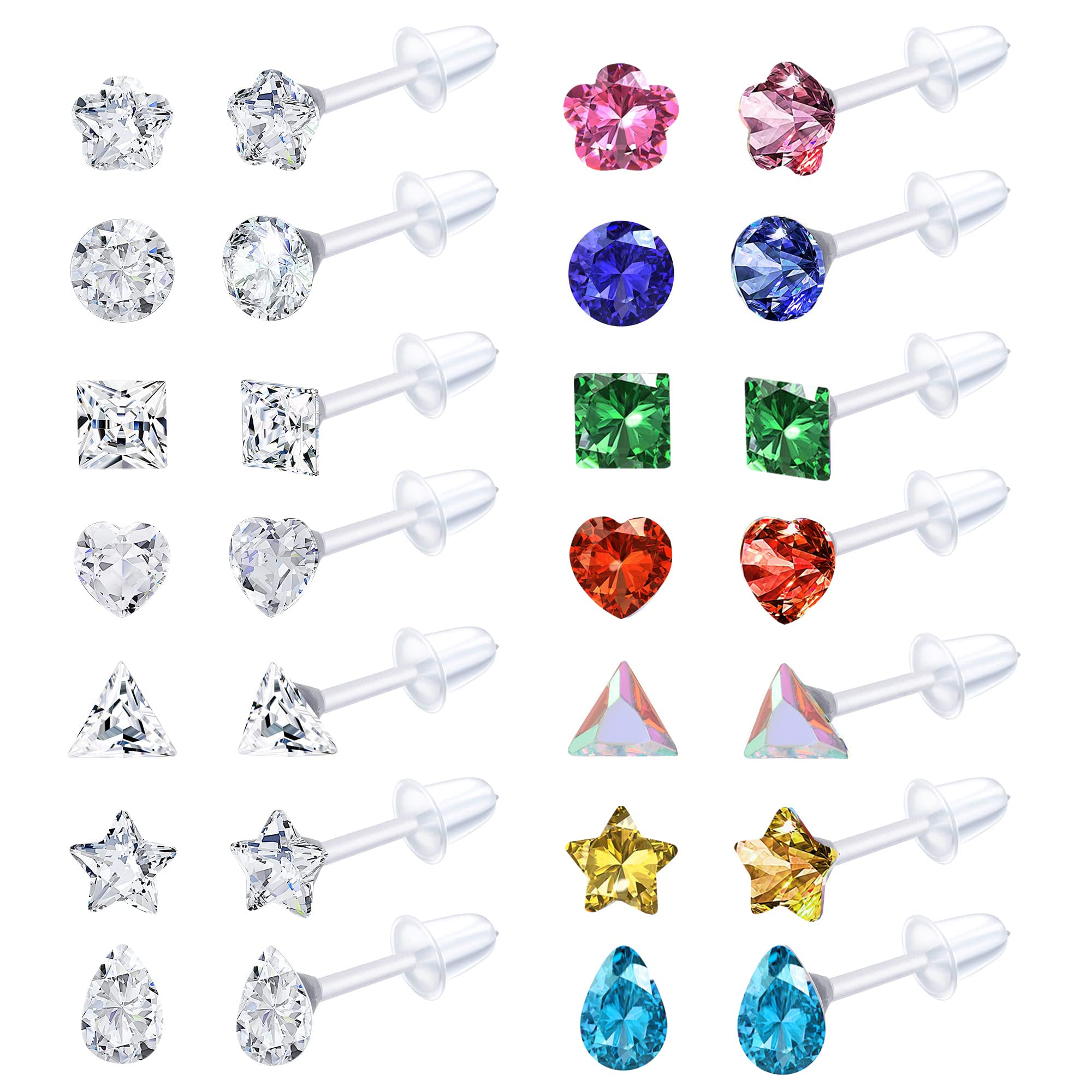 GIFIKOI 14Pairs Clear Plastic CZ Studs Earrings for Women Colorful Acrylic Post Hypoallergenic Stud Earring Set CZ Rhinestone Ear Studs Piercing Retainers