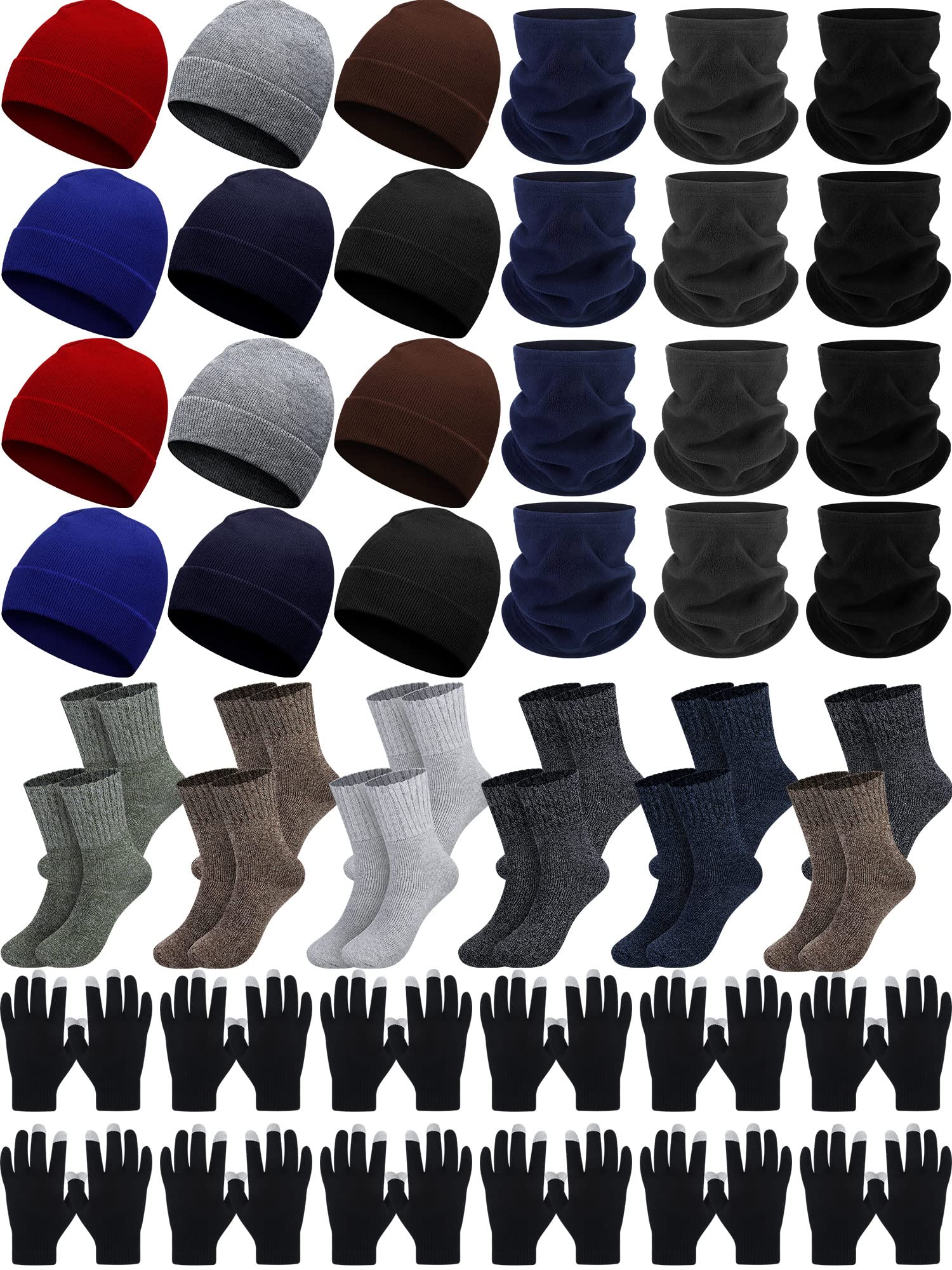 48 Pack Winter Warm Beanie Hat Neck Warmer Set for Men Women Knitted Hat with Winter Touchscreen Gloves Neck Gaiter Warm Sock for Winter Wearing Homeless Care Charity Donation Multicolor