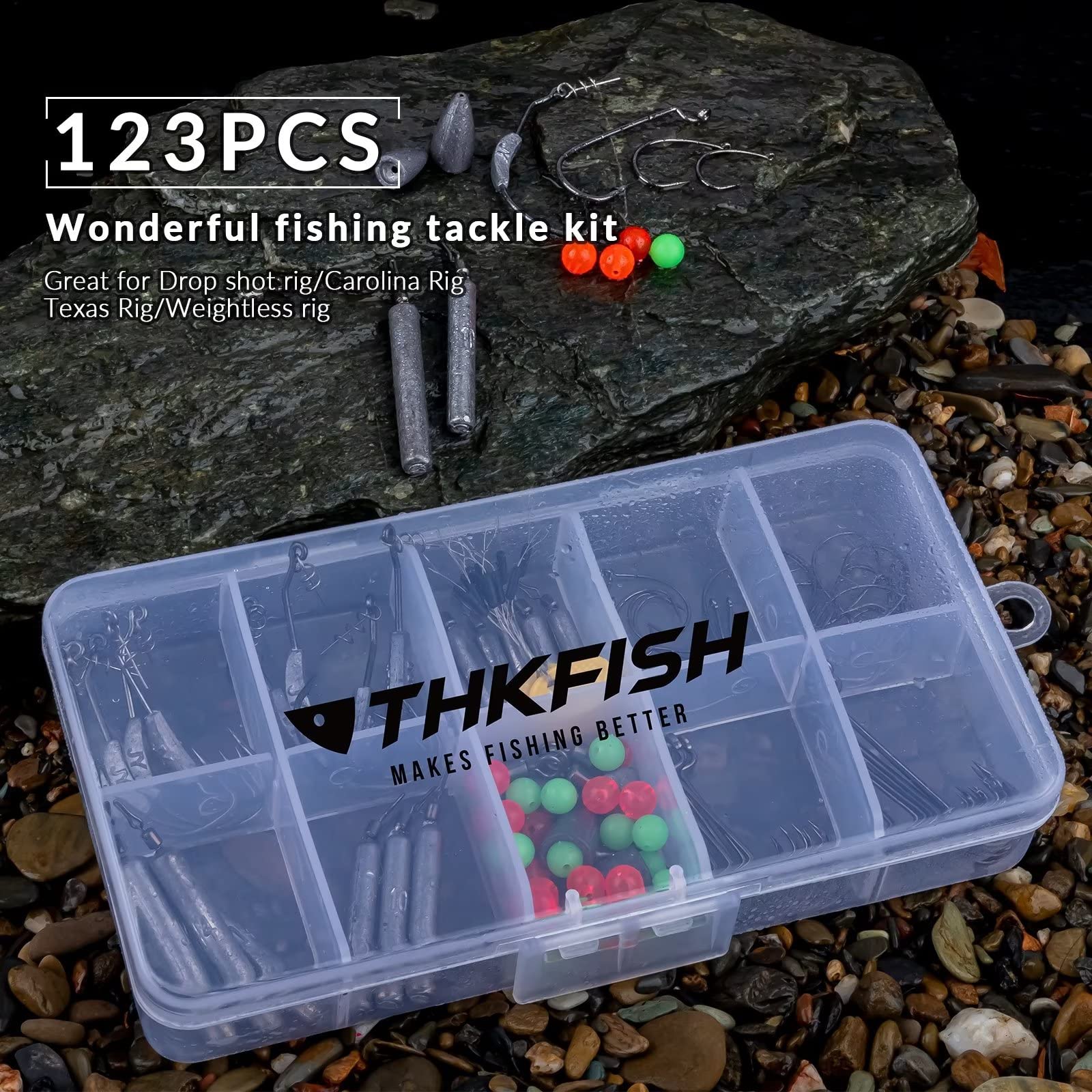 THKFISH Fishing Tackle Kit Drop Shot Weights Bullet sinkersDrop Shot Rig Texas Rig Carolina Rig Weighted Offset Hooks Wacky Hooks 123pcs