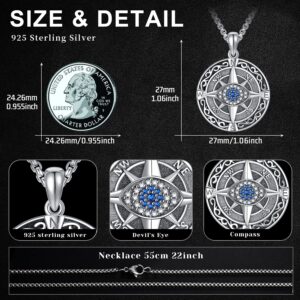 Midir&Etain Evil Eye Necklace S925 Sterling Silver Compass Necklace Life Compass Travel Pendant Evil Eye Amulet Inspirational Graduation Gift Jewelry Men Women