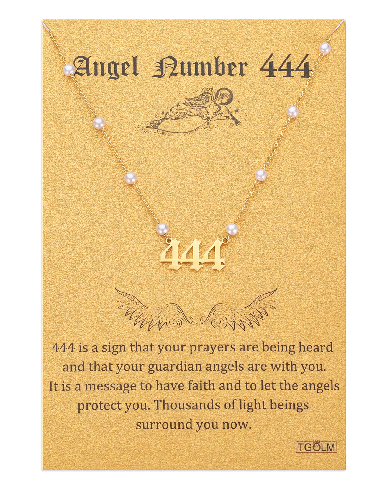 TGOLM 444 Necklace Gold Plated Stainless Steel Faux Pearl Choker Angel Number Chain Gift for Women 16"