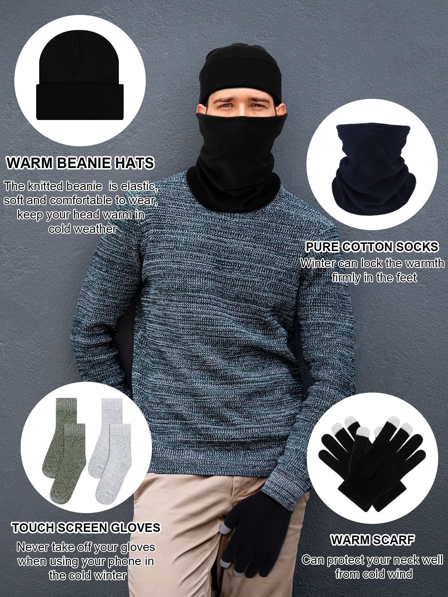 48 Pack Winter Warm Beanie Hat Neck Warmer Set for Men Women Knitted Hat with Winter Touchscreen Gloves Neck Gaiter Warm Sock for Winter Wearing Homeless Care Charity Donation Multicolor