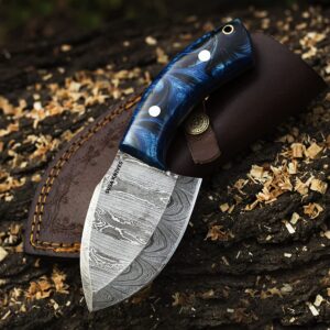 susa knives handmade 7'' fixed blade damascus steel skinner knife, edc knife with leather sheath