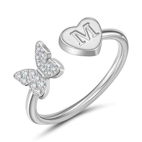 Sora Tuki M Initial Ring for Women Silver Letter Ring Adjustable Rings Butterfly Heart Initial Rings for Women Dainty Stackable Rings Cute Silver Rings