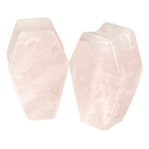 pair of rose quartz stone double flare coffin shaped plugs (stn-719) (5/8'' (16mm)), pink