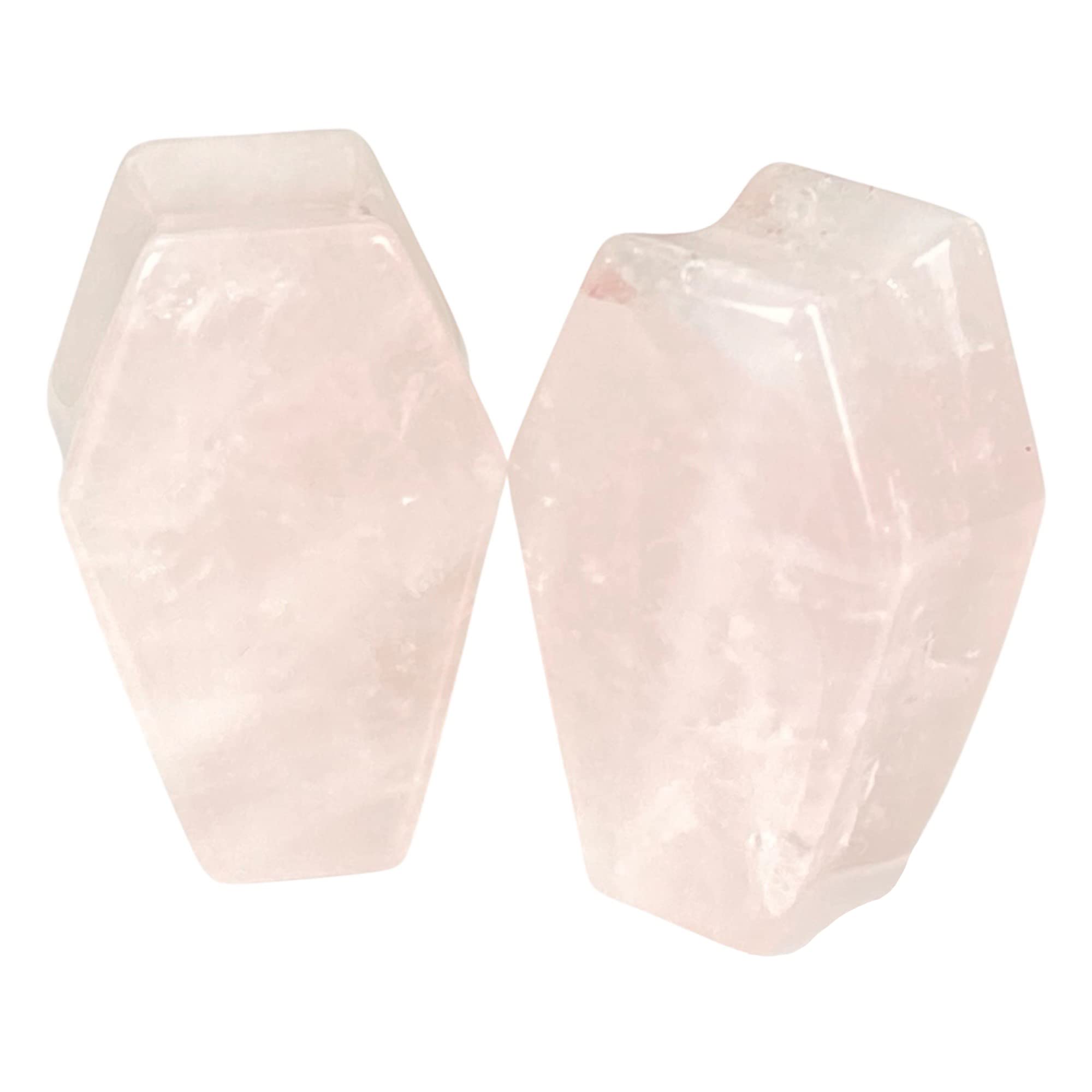 Pair of Rose Quartz Stone Double Flare Coffin Shaped Plugs (STN-719) (5/8'' (16mm)), Pink