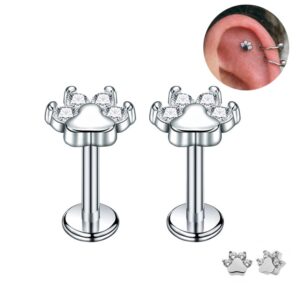 Crystal Cat Dog Paw Print Cartilage Labret Helix Stud Earrings 316L Surgical Stainless Steel Cubic Zirconia Pet Puppy Animal Lip Monroe Hypoallergenic Studs Cute Body Piercing Jewelry Gifts for Women