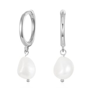 small huggie hoop earrings with pearl dangle for women, dainty sterling silver huggie earring, 9mm